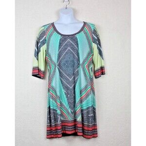 Calvin Klein Shift Dress Women Size L Green Multi BOHO 3/4 Sleeve Scoop Neck